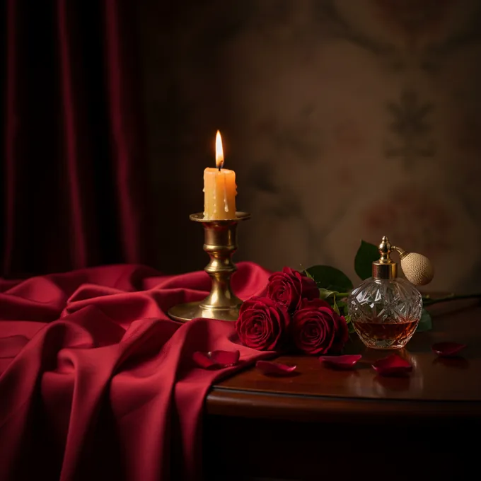 Vela encendida y tela de seda sobre fondo oscuro sensual