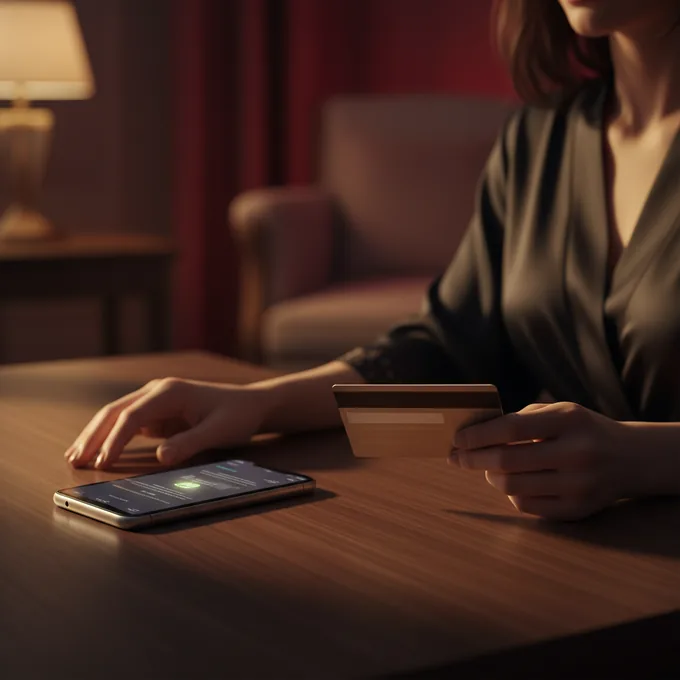 Tarjeta de crédito y smartphone con app de Bizum sobre mesa oscura