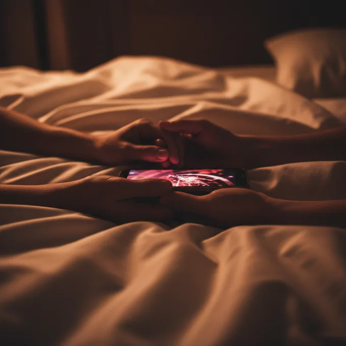 Pareja en cama oscura con un teléfono entre ellos, luz cálida