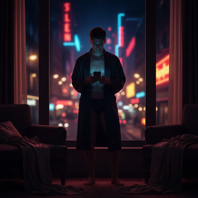 Hombre con teléfono en habitación oscura, luz cálida en penumbra