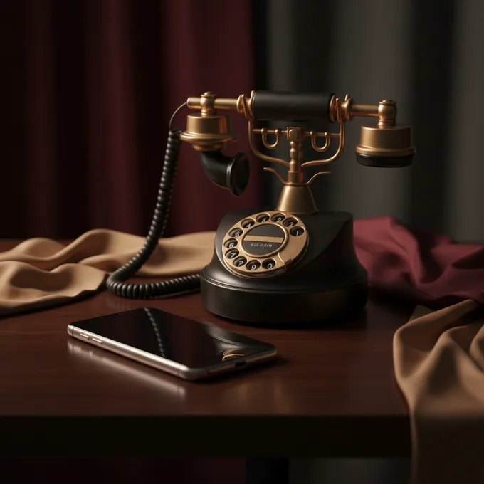 Smartphone moderno y teléfono fijo vintage en mesa oscura