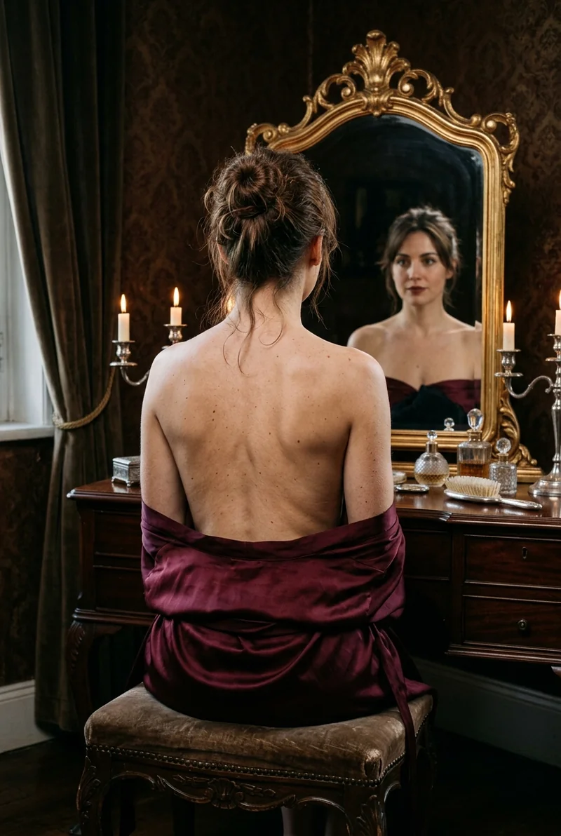 Lucía de espaldas frente a su tocador antiguo, con tanga burdeos y reflejo en el espejo dorado