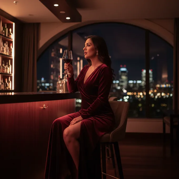 Mujer latina en habitación de hotel con vistas a Madrid de noche