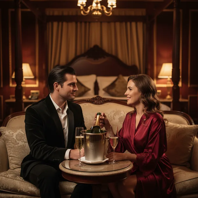 Pareja madura en suite de hotel con champagne y luz dorada
